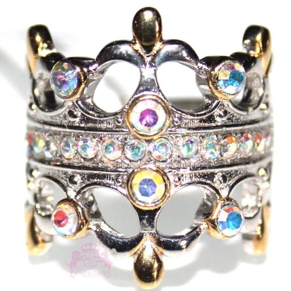 925 Sterling Silver Double Blessing Crown Princess Aurora Borealis Cz Ring Sz 6 - Picture 6 of 16